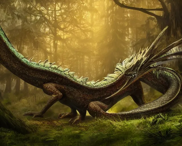 Prompt: Giant Dragon resting in a forest , natural light, dead plants and flowers, elegant, intricate, fantasy, atmospheric lighting, by Peter Morhbacher, HD, highly detailed, 8k