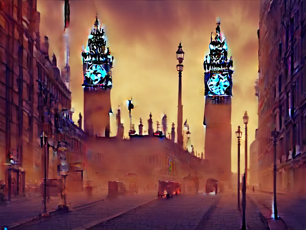 Image similar to a giant ancient beautiful cyborg of the elder gods with pipes and tubes in the city of London, London streets with bigben in the background, colourful, dramatic lighting, golden hour, very detailed octane render very realistic beautiful