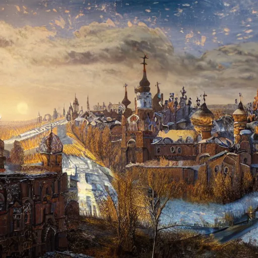 Prompt: photo ancient Slavic Russian city of Kitezh, painting by Viktor Vasnetsov, concept art, magical city, fantasy cityscape, ancient Slavs, wooden buildings, ancient Russian architecture, terem, hyperborea, top cinematic lighting , cinematic mood, very detailed, 8k, high resolution, trending on artstation, artstationHD,