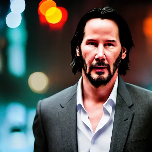 Image similar to a still of Keanu Reeves. Shallow depth of field. City at night in background, lights, colors ,studio lighting, mood, 4K. Profession photography