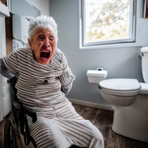 Image similar to elderly woman screaming on a toilet, canon eos r 3, f / 1. 4, iso 2 0 0, 1 / 1 6 0 s, 8 k, raw, unedited, symmetrical balance, wide angle