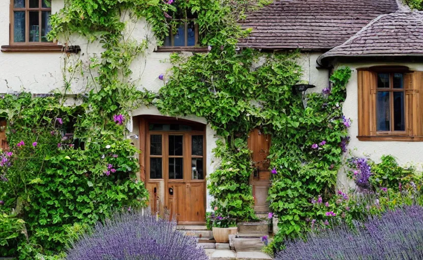 Prompt: cottage style house exterior, lush and green environment, art nouveau, garden with wild flowers and lavender, beige stucco walls, wooden timberwork, cobble stone path way, serene, bohemian