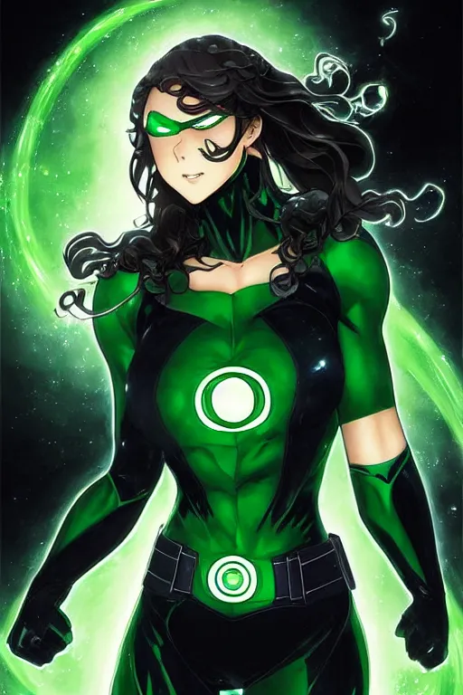 Image similar to anime key visual of a beautiful young female green lantern!! intricate, green and black suit, glowing, powers, dc comics, cinematic, stunning, highly detailed, digital painting, artstation, smooth, hard focus, illustration, art by artgerm and greg rutkowski and alphonse mucha