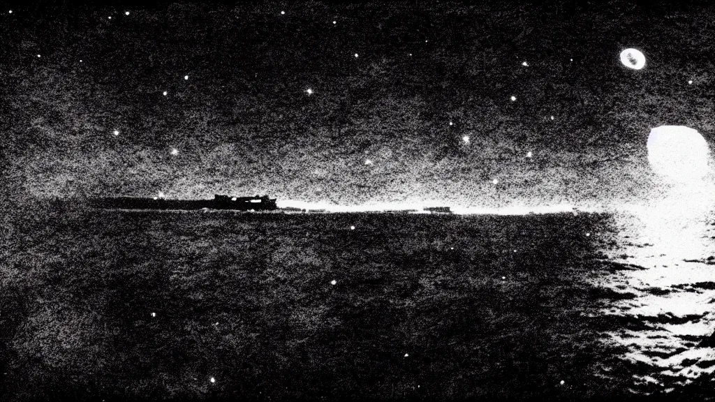 Prompt: drone photography, haunted VHS glitch polaroid of a distant celestial ferry sailing through deep blackness. black bay, stars strange perspective, depths, Ethereal lighting. Nighttime setting with the moon reflecting off the water