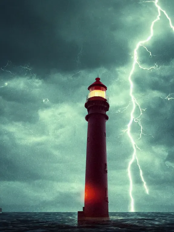 Image similar to photo of 8k ultra realistic lighthouse on island, heavy rain, ,lightning storm, boat lights in distance, night, light shining, heavy seas, full of colour, cinematic lighting, battered, trending on artstation, 4k, hyperrealistic, focused, extreme details,unreal engine 5, cinematic, masterpiece, art by Alena Aenami