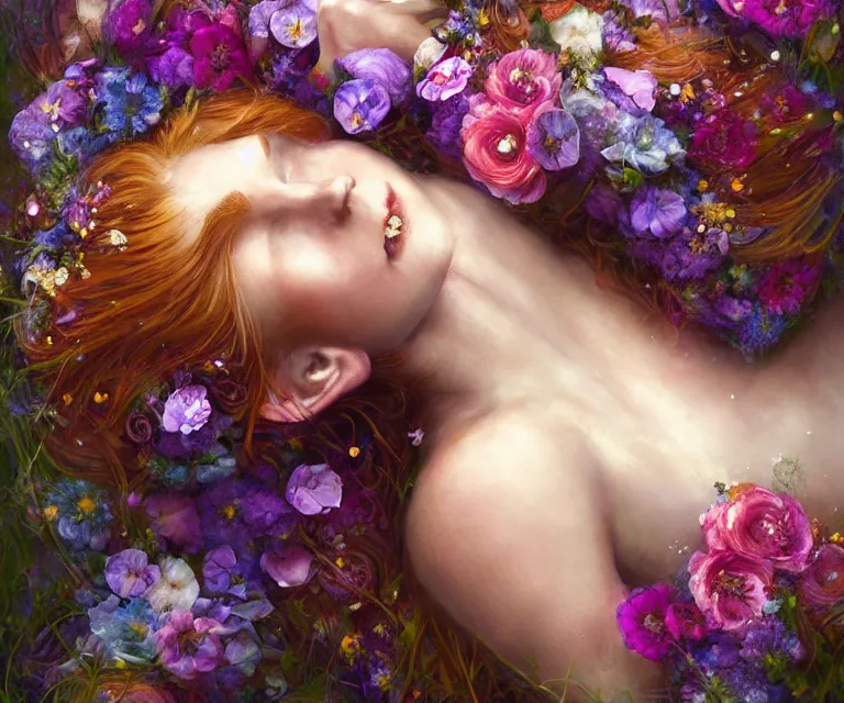 Image similar to cute female bride laying down and swathed in flowers, perfect face, tiara, ginger hair, abs, cinematic, freckles, stunning, athletic, strong, agile, highly detailed, psychedelic, digital painting, artstation, smooth, hard focus, illustration, art by jessica rossier and and brian froud