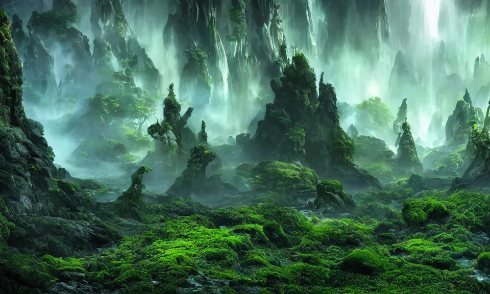 Image similar to an alien landscape view, alien waterfall, alien trees, alien greenery, alien mountains, epic lighting, epic composition, 4 k, detailed, realistic