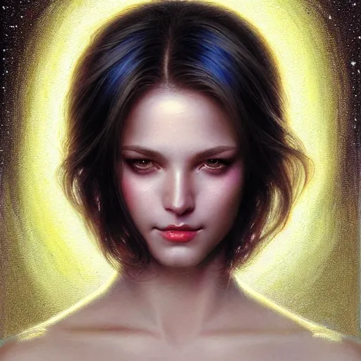 Prompt: Facial portrait of a cute shy woman, looking away from the camera, seductive smile, sparkle in eyes, lips slightly parted, long flowing hair, no hands visible, intricate, extremely detailed painting by Mark Brooks and by Greg Rutkowski and by Moebius, vibrant colors, stunning lighting