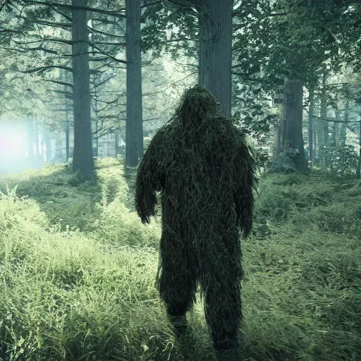 Prompt: a man wearing a white ghillie suit, walking through a forest, unreal engine 5, ray traced, god rays, extremely high detail