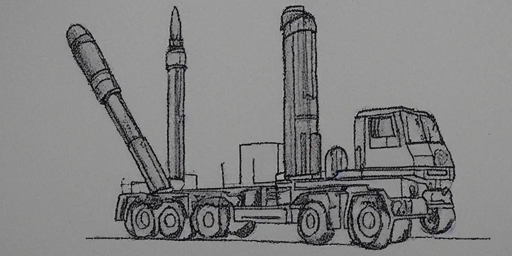 Image similar to a ballistic missile launch system drawn in crayon, highly detailed, realistic