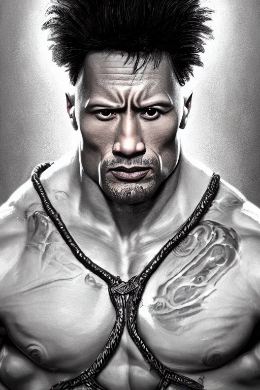 Image similar to a beautiful Dwayne Johnson portrait, with a brilliant, impossible striking big organic matter subsurface scattering material headpiece, clothes entirely made out of organic subsurface scattering material, symmetrical, dramatic studio lighting, rococo, baroque, jewels, asian, hyperrealism, closeup, D&D, fantasy, intricate, elegant, highly detailed, digital painting, artstation, octane render, 8k, concept art, matte, sharp focus, illustration, art by Artgerm and Greg Rutkowski and Alphonse Mucha