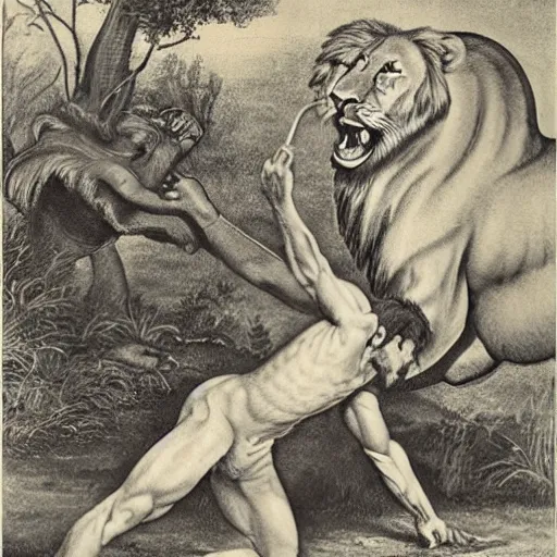 Prompt: wildman wrestling with lion, Old Testament