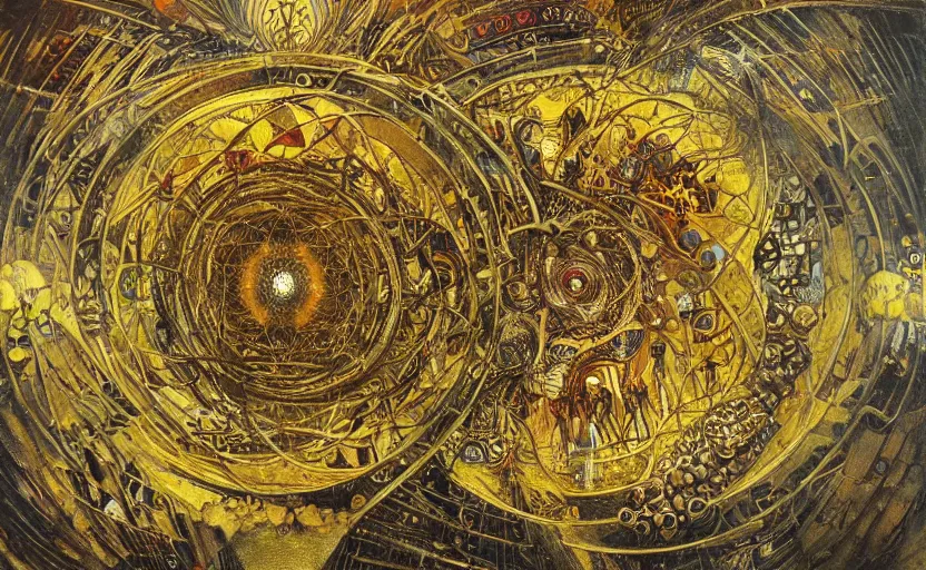 Image similar to Brutalist architecture building, Divine Chaos Engine by Karol Bak, Jean Deville, Gustav Klimt, and Vincent Van Gogh, sacred geometry, visionary, mystic, spiritual, fractal structures, ornate gilded medieval icon, third eye, spirals