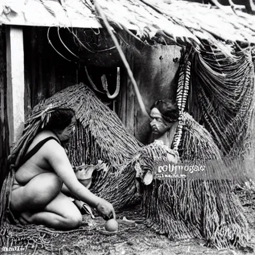 Prompt: a maori woman prepares weta carapaces outside her whare in the 1 9 4 0's.