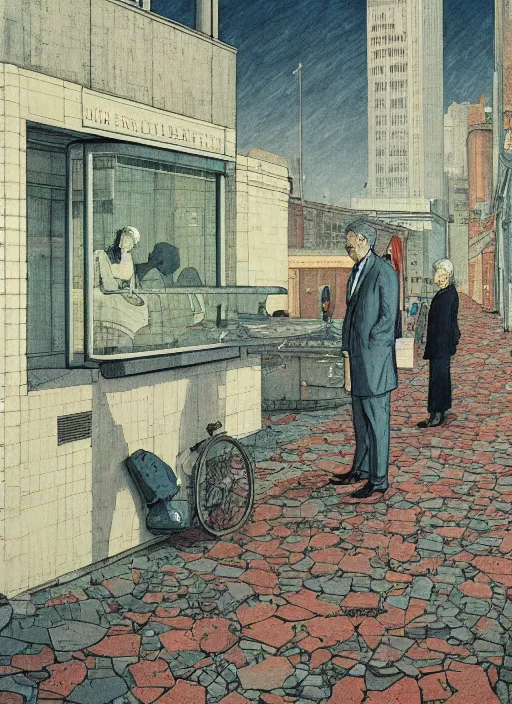 Image similar to illustration of a 2 0 8 0 desolate society scene by shaun tan, clean, emptyness, torn paper decollage, graphic novel, oil on canvas by edward hopper, ( by mattias adolfsson ), by moebius