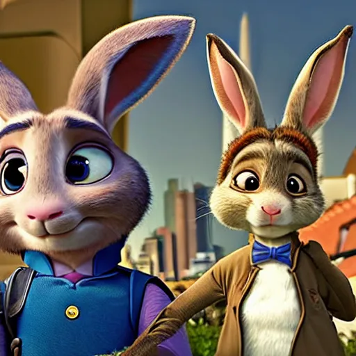 Image similar to Judy Hopps, the rabbit police officer from Zootopia, posing for a selfie with the evil human criminal Hannibal Lecter from Silence of the Lambs, over a plate of fava beans and chianti, mashup, 4k movie still