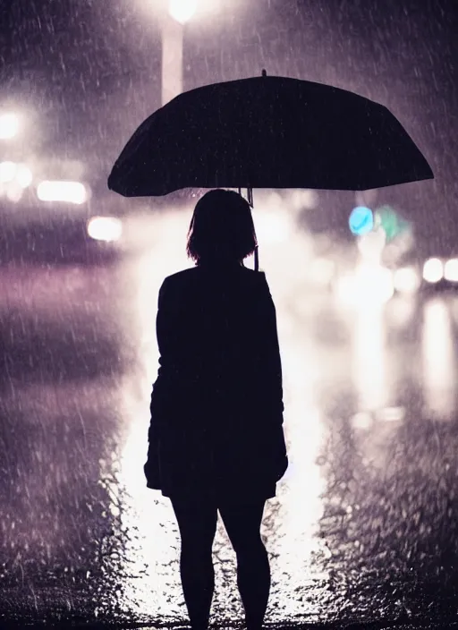 Image similar to a 2 8 mm macro photo of a woman standing in the rain, long exposure, misty, night, splash art, movie still, bokeh, canon 5 0 mm, cinematic lighting, dramatic, film, photography, golden hour, depth of field, award - winning, anamorphic lens flare, 8 k, hyper detailed, 3 5 mm film grain