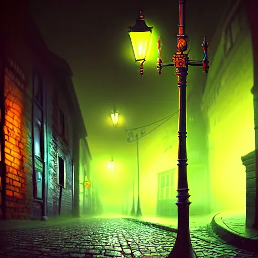 Image similar to curved perspective, extreme narrow, extreme fisheye, digital art of a night foggy street with victorian street lamps over cobblestone floor by anton fadeev from nightmare before christmas