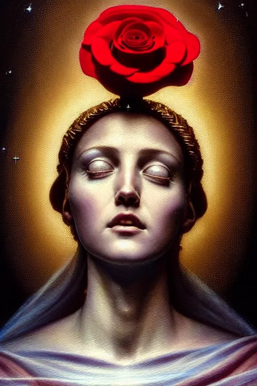 Prompt: hyperrealistic mixed media painting of Mother Mary, a halo about her head, holding a red rose!! traditional beauty, stunning 3d render inspired art by P. Craig Russell and Barry Windsor-Smith + perfect facial symmetry + dim volumetric lighting, 8k octane beautifully detailed render, post-processing, extremely hyperdetailed, intricate, epic composition, grim yet sparkling atmosphere, cinematic lighting + masterpiece, trending on artstation, very very detailed, masterpiece, stunning