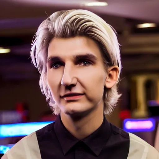 Image similar to a high quality photo of handsome gigachad XQC gambling, photorealism, 8k, artstation