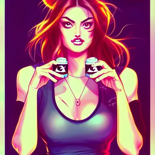 Image similar to in the style of artgerm, girl drinks monster energy, phoebe tonkin, hair blowing, full body, intricate filagree, no hands showing, warm colors, cool offset colors