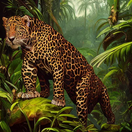 Image similar to jungle jaguar, hyperrealistic oil painting, super detailed, colorized, 4k, trending on Artstation, D&D, fantasy, raytracing, award winning, art by James C Christensen and Michael Hutter, spectacular lighting, octane rendered