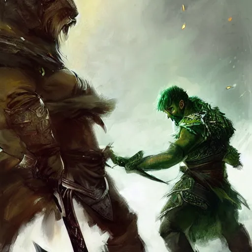 Image similar to A portrait of a fighter with short hazel hair and a beard, dual wielding two magical swords, wearing green dragon armor and a cloak made of cheetah, fantasy, digital art by Ruan Jia, Donglu Yu