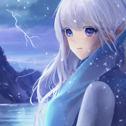 Image similar to a very beautiful anime elf girl, full body, long straight silver hair, sky blue eyes pointy ears, full round face, short smile, casual clothes, ice snowy lake setting, cinematic lightning, medium shot, mid-shot, highly detailed, trending on Artstation, Unreal Engine 4k, cinematic wallpaper by Stanley Artgerm Lau, WLOP, Rossdraws, James Jean, Andrei Riabovitchev, Marc Simonetti, and Sakimichan