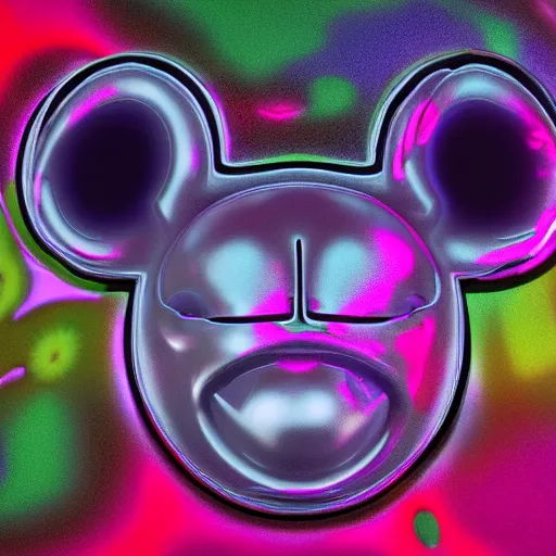 Prompt: counterfeit mickey mouse head, fractal, broken, psychedelic dystopia, wet, mycelium, radiant alien, rococo, baroque, automotive, bio-mechanical, porcelain, iridescent, sub surface scattering, octane render