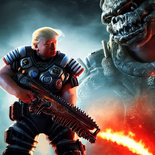Image similar to photo portrait of donald trump as god emperor in gears of war, splash art, movie still, detailed face, photorealistic facial features, cinematic lighting, dramatic, octane render, long lens, shallow depth of field, bokeh, anamorphic lens flare, 8 k, hyper detailed, 3 5 mm film grain