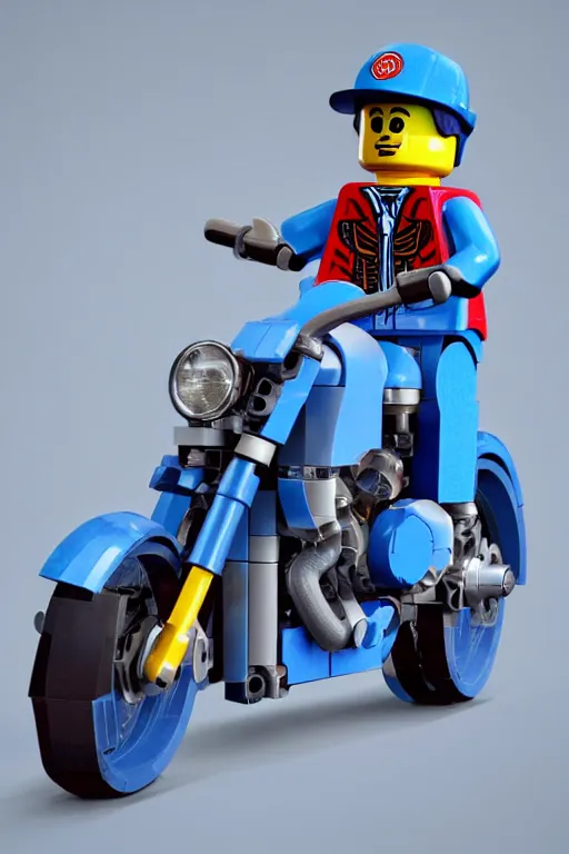 Image similar to a lego minifigure wearing a blue jean and blue shirt, he also wears a grey beanie, he is riding a red ducati panigale, 3 d octane render, artstation, concept art, smooth, sharp focus ilustration hq, octane render, hyperrealistic, aenaluck, artgerm, greg rutkowski