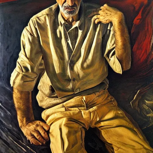 Image similar to high quality, high detail, realistic portrait of bahram beyzai, painted by lucian freud, dramatic lighting, cinematic composition