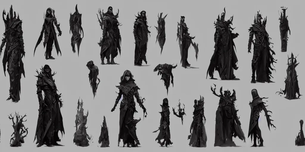 Image similar to gothic character detail designs, Greg Rutkowski, character sheet, Darek Zabrocki, Karlkka, Jayison Devadas, Phuoc Quan, trending on Artstation, 8K, ultra wide angle, pincushion lens effect