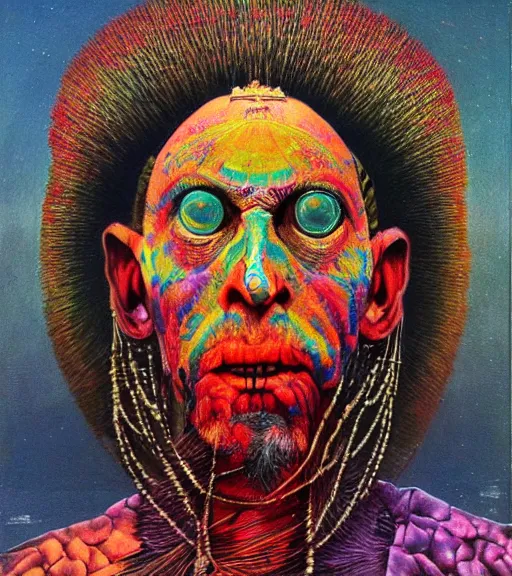 Image similar to Portrait painting in a style of Beksinski mixed with Alex Grey of an old shaman dressed in a colorful traditional clothes. Symmetry