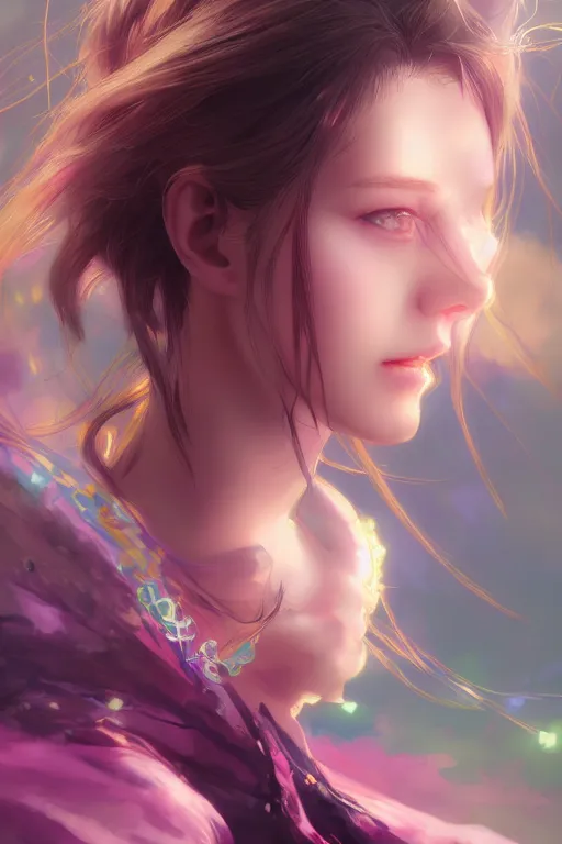 Image similar to portrait of cute girl, beautiful, fantasy, colorful, cinematic lighting, artstation, trending, highly detailed, focus, smooth, by hirohiko araki and yoshitaka amano