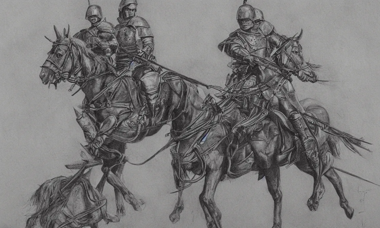 Image similar to a beautiful painting of a medieval soldier on a horse by frank godwin and moebius charcoal on paper