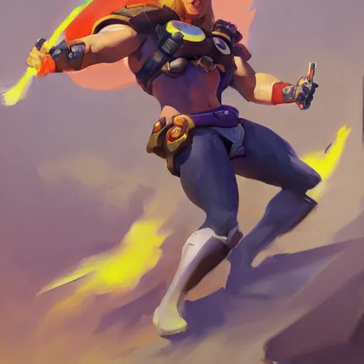 Image similar to greg manchess portrait painting of he - man as overwatch character, medium shot, asymmetrical, profile picture, organic painting, sunny day, matte painting, bold shapes, hard edges, street art, trending on artstation, by huang guangjian and gil elvgren and sachin teng