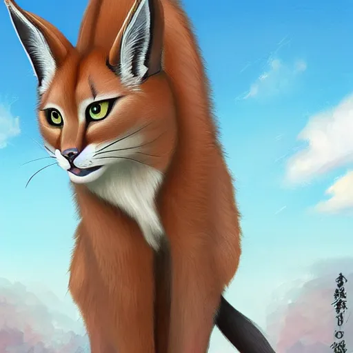 Image similar to cute fluffy caracal in pants, facing the camera, anime art style, portrait, high detail, sharp focus, digital painting, artstation, art by hayao miyazaki.