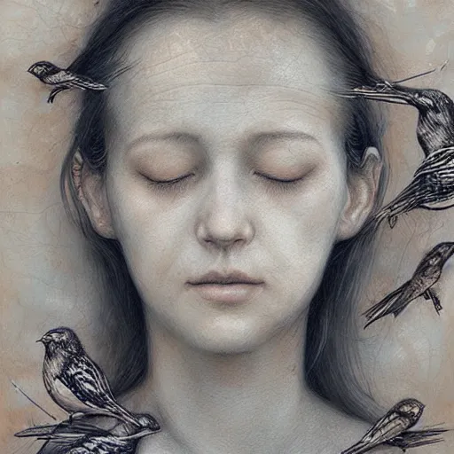 Image similar to an intricate detailed women without eyes portrait with birds by marco mazzoni