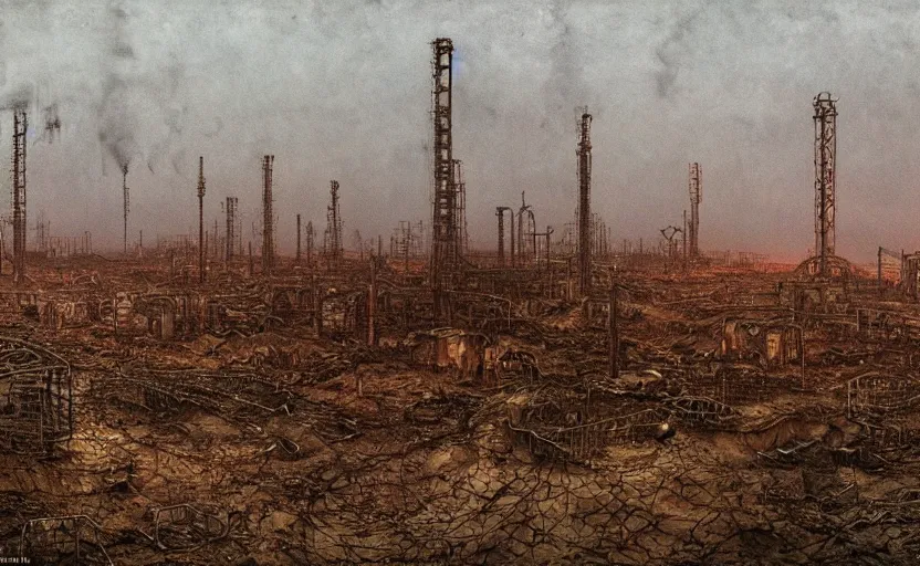 Image similar to industrial devastation abandoned factories oil field post - apocalyptic dusk wasteland irradiated contaminated, beksinski, saturated