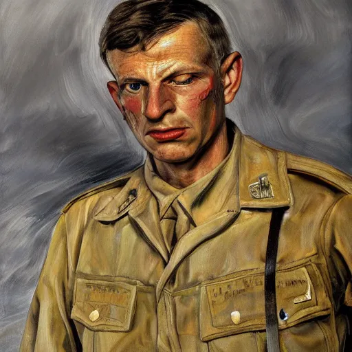 Image similar to high quality high detail painting by lucian freud, hd, american soldier, photorealistic lighting