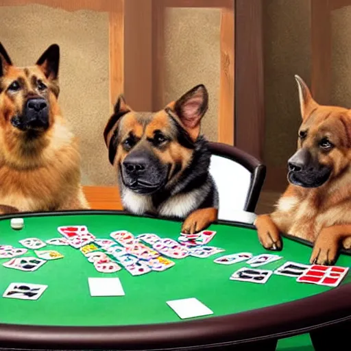 Prompt: German Shepherd, Boxer, Corgi, Golden Retriever playing poker