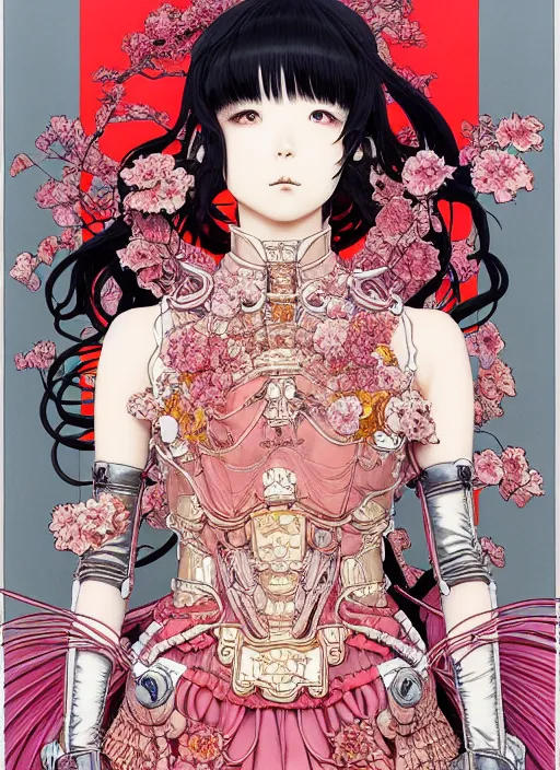 Image similar to highly detailed illustration yoneyama mai artstation katsuhiro otomo fluorescent fantastic fate manga poster of princess mechine, minaba hideo, takato yamamoto, long hair, art nouveau, armor, laces, ruffles, 8 k, maximalist,