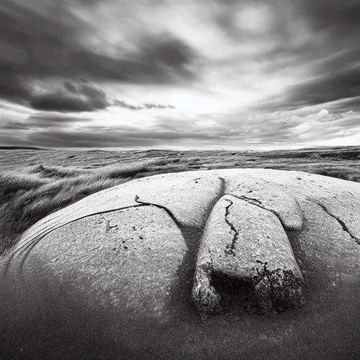 Image similar to a breathtaking photograph of a windswept dunes scandinavian landscape, a withered ancient altar stone in center, ultra wide shot, cinematic, 8 k, dramatic lighting