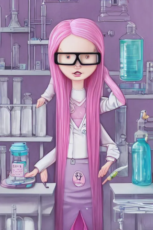 Prompt: highly detailed, cinematic still frame of adult princess bubblegum from adventure time, working in her science lab, wearing lab coat & saftey goggles, long bubblegum hair with long straight bangs, beautiful, attractive, extremely cute, illustration concept art by nicoletta ceccoli, mark ryden, lostfish, detailed and intricate environment, 8 k resolution, hyperrealistic, octane render