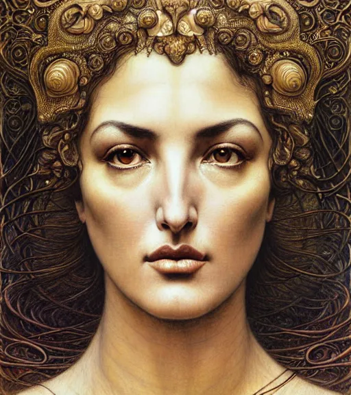 Prompt: detailed realistic beautiful young monica bellucci head and shoulders portrait by jean delville, gustave dore and marco mazzoni, art nouveau, symbolist, visionary, baroque, intricate fractal, maximalism. horizontal symmetry by zdzisław beksinski, iris van herpen, raymond swanland and alphonse mucha. highly detailed, hyper - real, beautiful