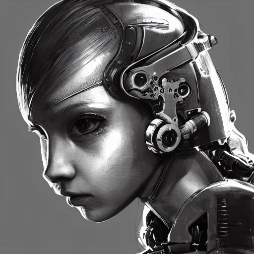 Image similar to highly detailed portrait of a post-cyberpunk robotic young lady with space helmet and wired cybernetic face modifications, robotic limbs, by Akihiko Yoshida, Greg Tocchini, Greg Rutkowski, Cliff Chiang, 4k resolution, persona 5 inspired, dull misty brown black and white color scheme with sparking stray wiring