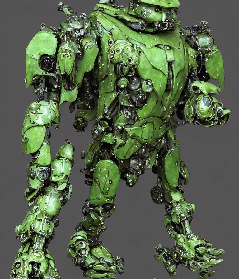 Image similar to waterlily themed amphibious power armor. mobile suit textured like water lettuce, top half is mecha nymphaea flower petals being robotic limbs, waterlily pads, sculpted metal, biomechanical, hyperdetailed, bandai box art, 8 k hd resolution, behance hd artstation. # power armor pistia playing waterlily pad tentacles, 8 k hd resolution