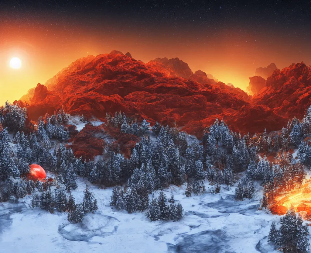 Prompt: A rocky valley surrounded by snow-capped mountains, nighttime, orange gas giant, red nebula, no clouds, sci-fi, photorealistic, landscape, a few trees