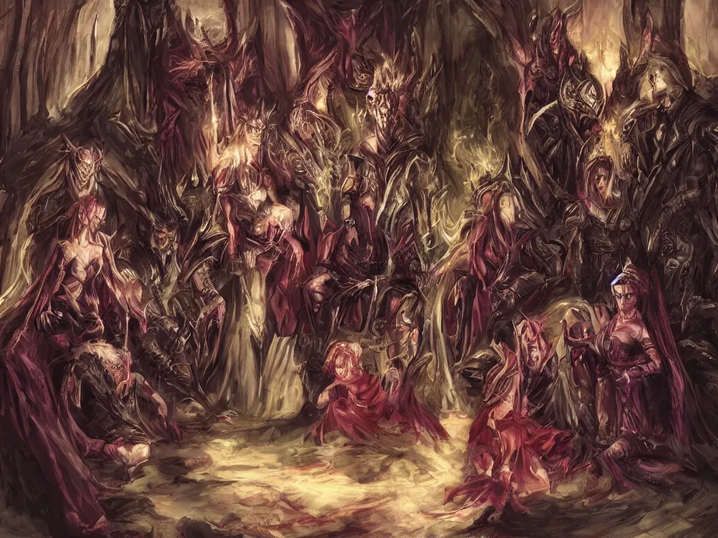Image similar to Demon Lord and Demon Lady with their family in the Throne Room | fantasy art